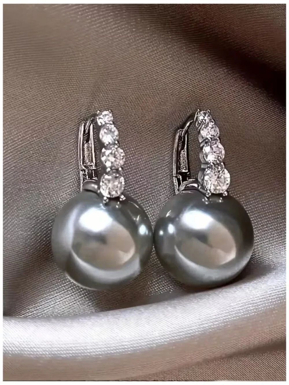 NWT Misty Pearl Earrings 12mm Hemp Gray CZs Elegant Hoops